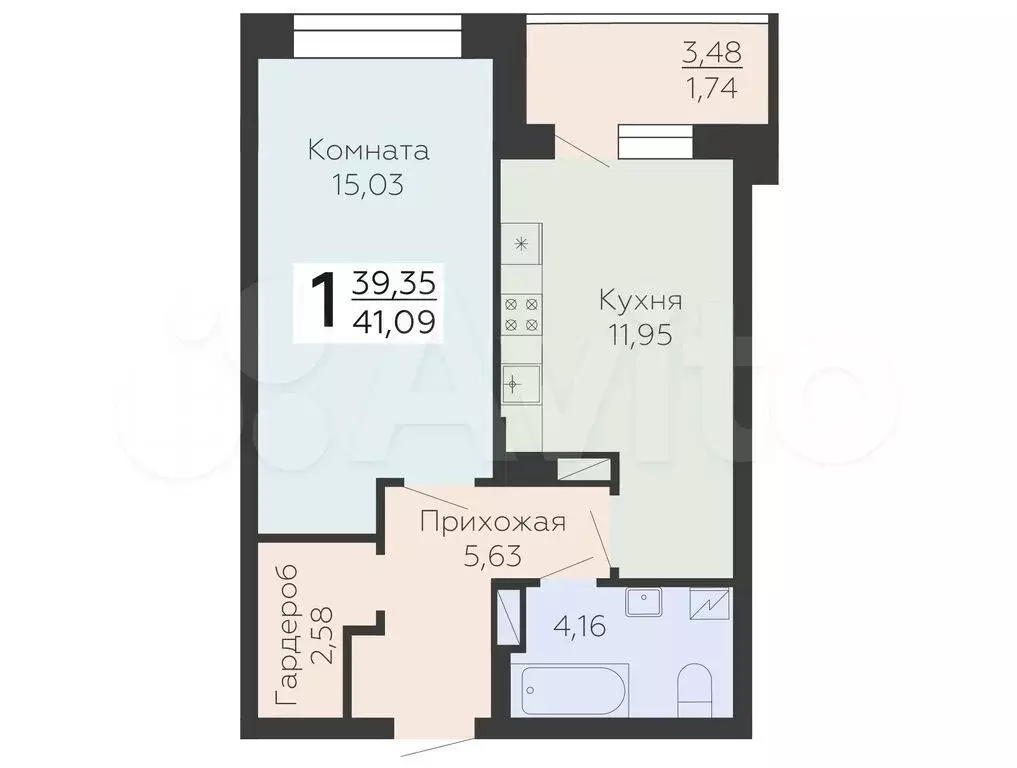 1-к. квартира, 41,1 м, 2/18 эт. - Фото 0