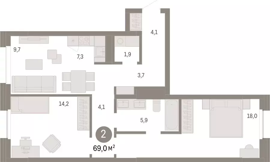 2-комнатная квартира: Новосибирск, Зыряновская улица, 53с (68.96 м) - Фото 0