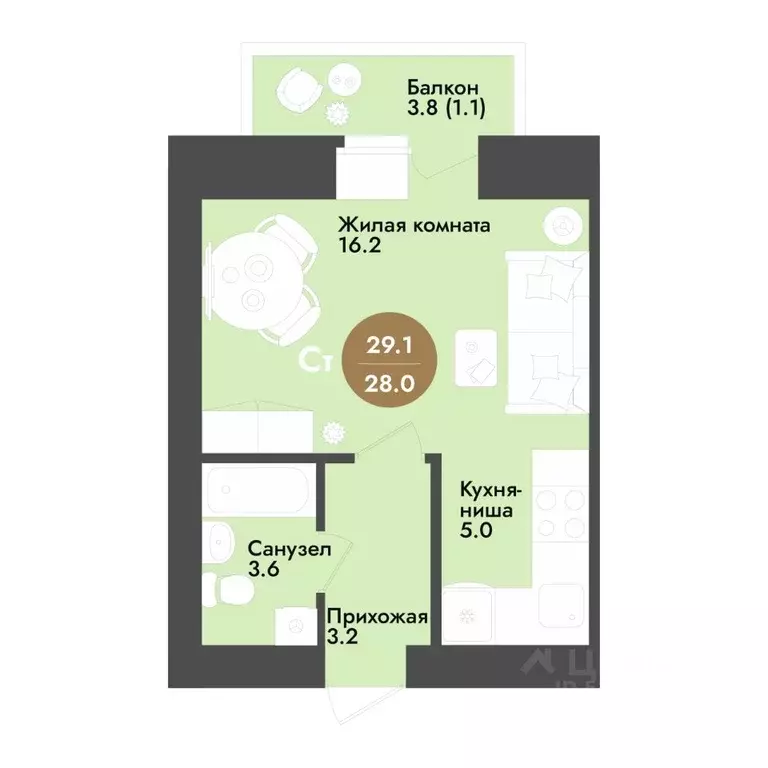 Студия Вологодская область, Вологда ул. Преображенского (29.1 м) - Фото 1