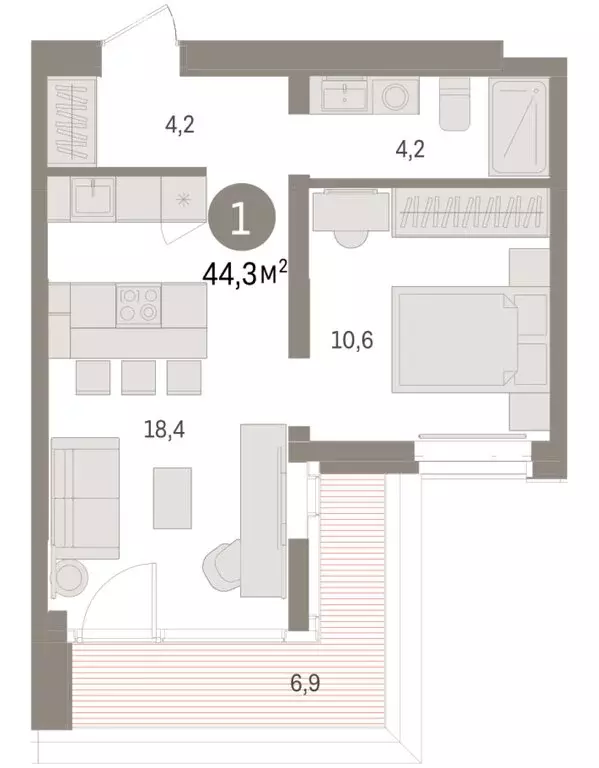 1-комнатная квартира: Тюмень, жилой комплекс На Минской (44.31 м) - Фото 2