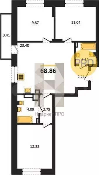 3-к. квартира, 69,9 м, 2/9 эт. - Фото 1