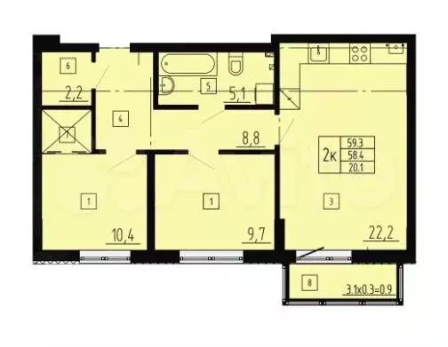 2-к. квартира, 59,3 м, 1/9 эт. - Фото 1