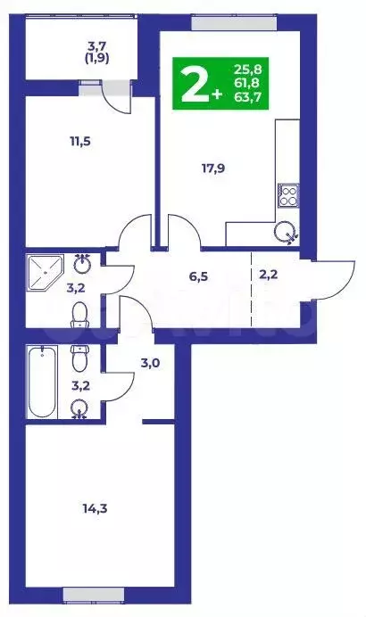 2-к. квартира, 63,7 м, 1/9 эт. - Фото 0