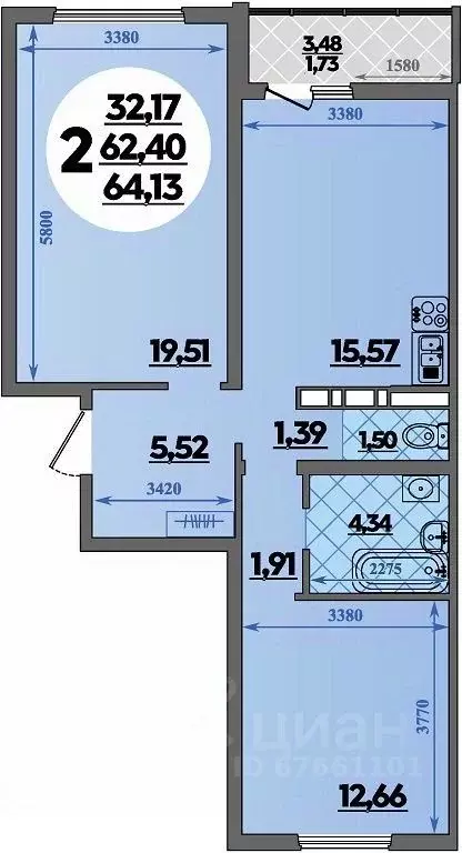 2-к кв. Адыгея, Майкоп ул. Михайлова, 7 (64.13 м) - Фото 1