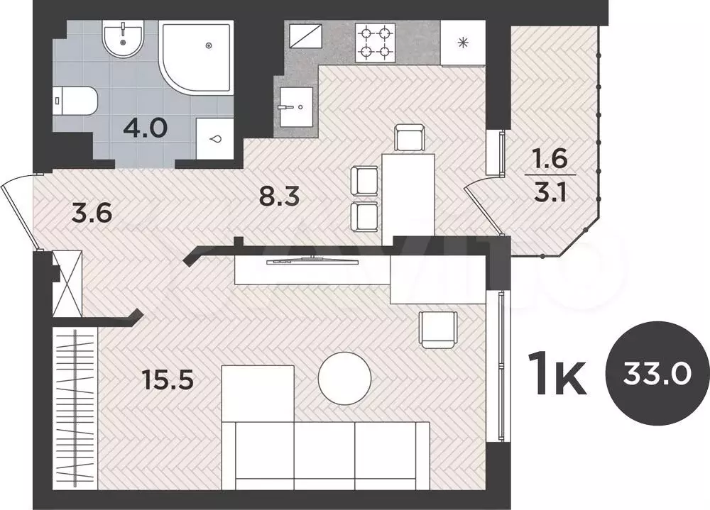 1-к. квартира, 33 м, 8/9 эт. - Фото 0