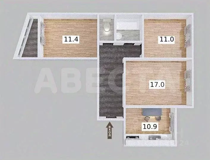 3-к кв. Омская область, Омск ул. Туполева, 3 (62.9 м) - Фото 2