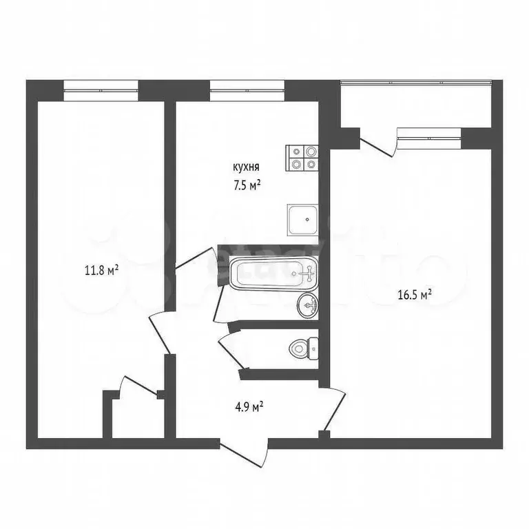 2-к. квартира, 44,7 м, 5/5 эт. - Фото 0