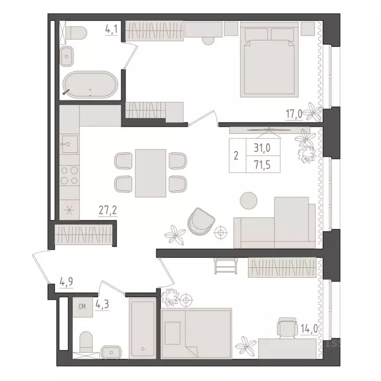 2-к кв. Башкортостан, Уфа 563-й кв-л,  (71.5 м) - Фото 1