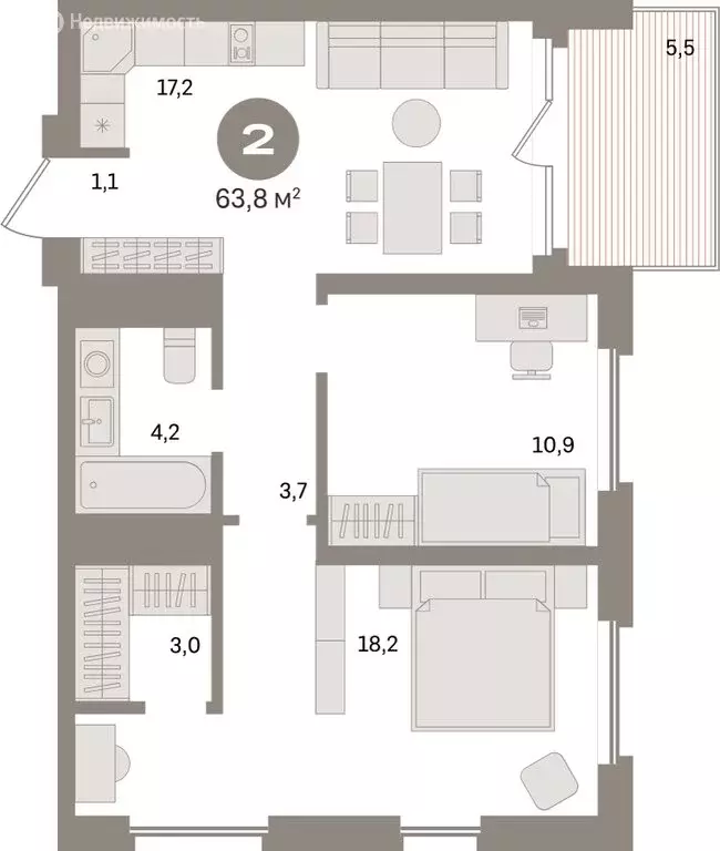 2-комнатная квартира: Екатеринбург, улица Советских Женщин (63.8 м) - Фото 1