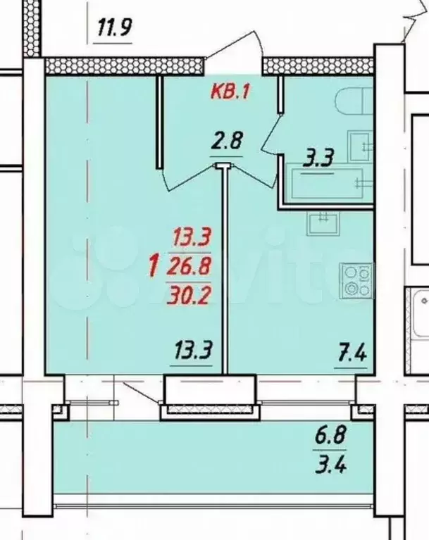 1-к. квартира, 26,8 м, 5/9 эт. - Фото 0