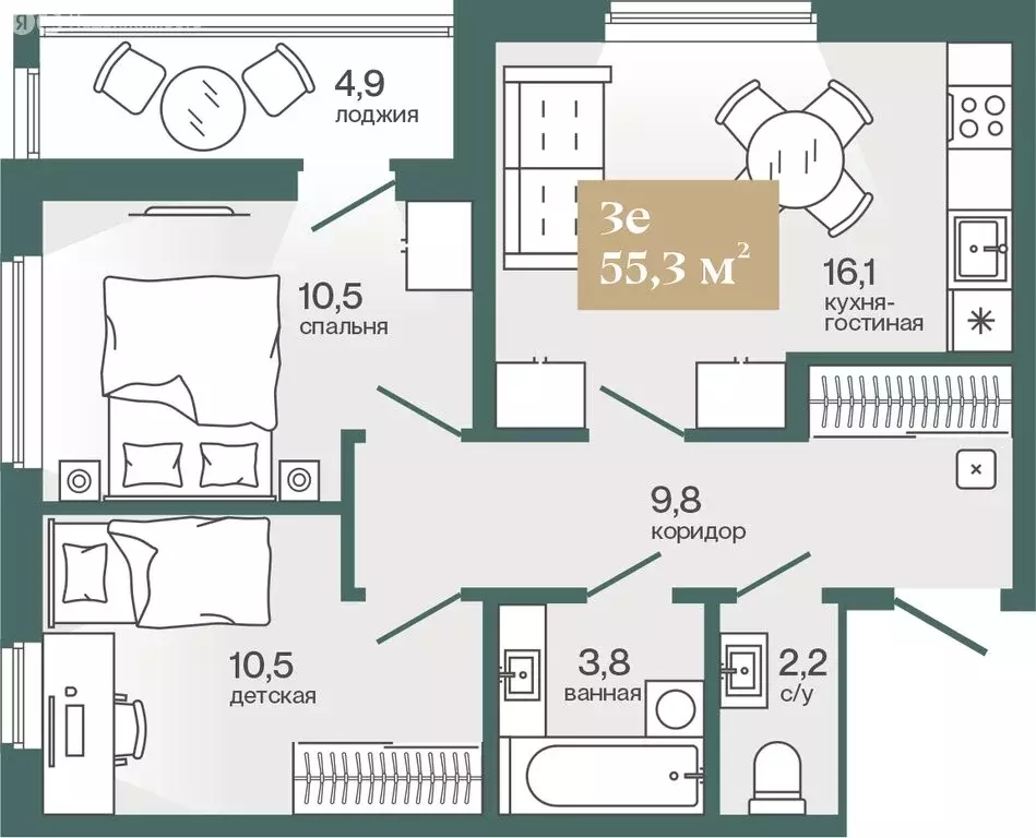 2-комнатная квартира: Тюмень, Ямская улица, 159с1 (55.33 м) - Фото 1
