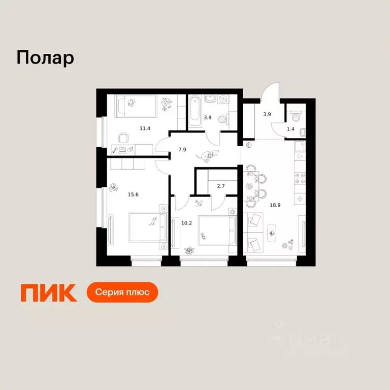 3-к кв. Москва Полар жилой комплекс, 1.4 (75.9 м) - Фото 1