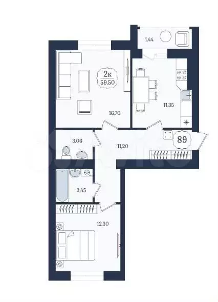 2-к. квартира, 59,5 м, 2/9 эт. - Фото 1