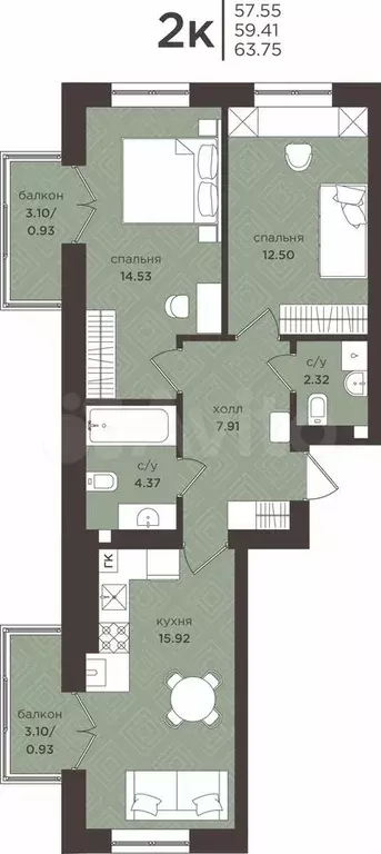 2-к. квартира, 59,4 м, 5/7 эт. - Фото 1