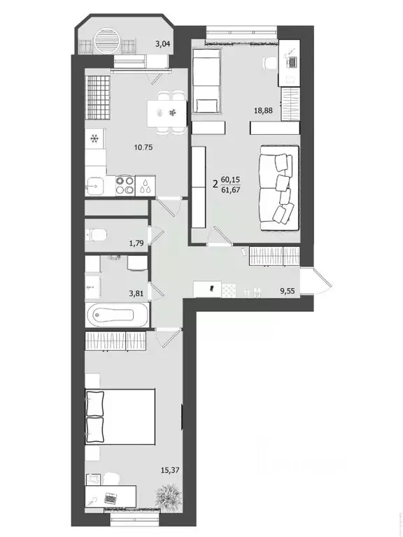 2-к кв. Московская область, Клин Клинская ул., 30 (61.67 м) - Фото 0