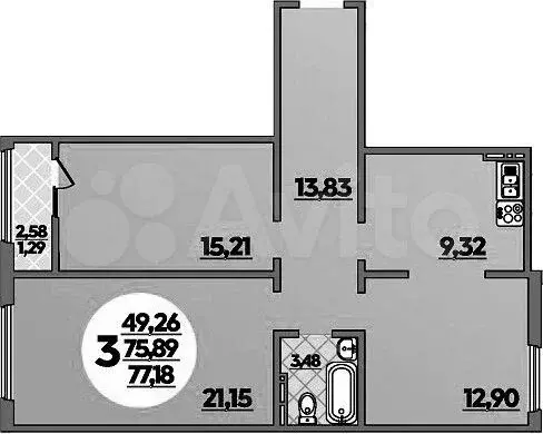 3-к. квартира, 77,2м, 7/8эт. - Фото 1