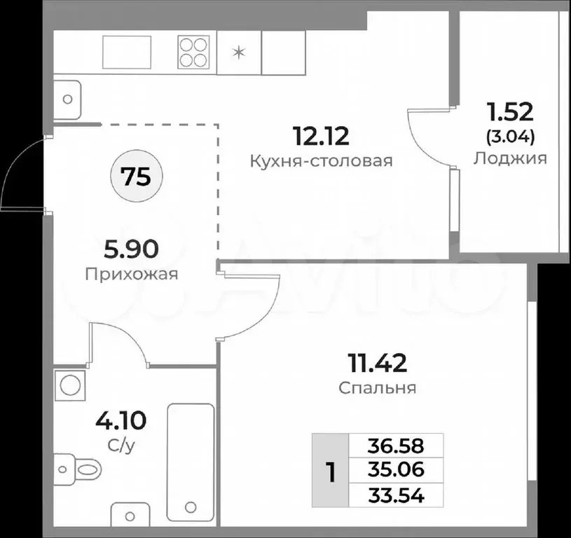 1-к. квартира, 35,1м, 9/10эт. - Фото 1