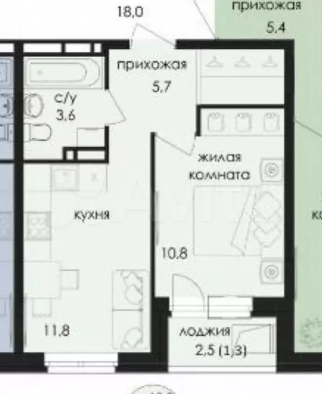 1-к. квартира, 31,9 м, 7/10 эт. - Фото 0