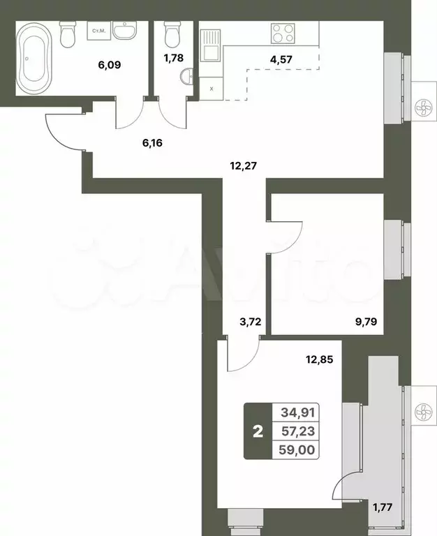 2-к. квартира, 59 м, 9/12 эт. - Фото 0