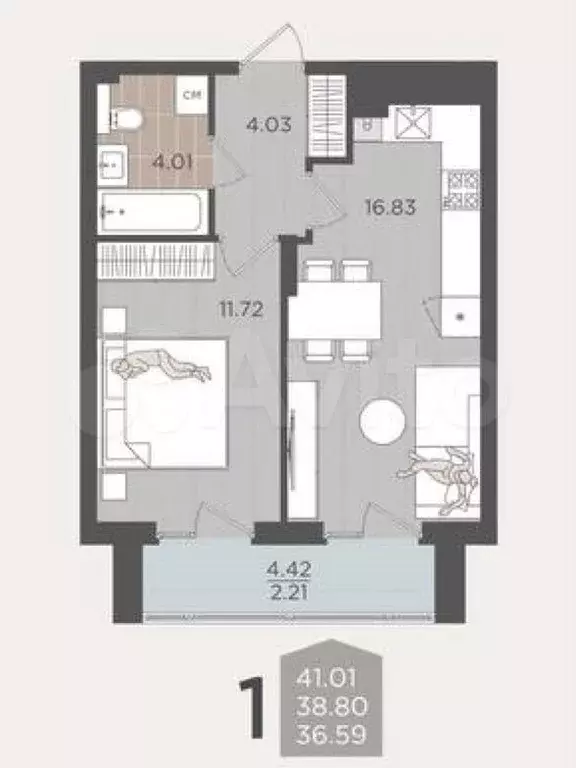 1-к. квартира, 38,5 м, 4/9 эт. - Фото 1