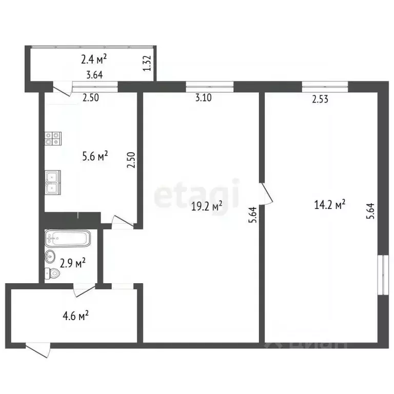 2-к кв. Белгородская область, Белгород ул. Попова, 65 (46.5 м) - Фото 2