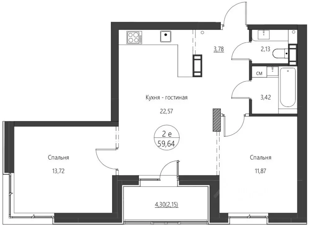 2-к кв. Хабаровский край, Хабаровск ул. Солженицына, 4А (59.64 м) - Фото 0