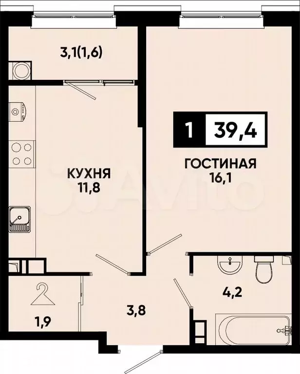 1-к. квартира, 39,4 м, 10/14 эт. - Фото 0