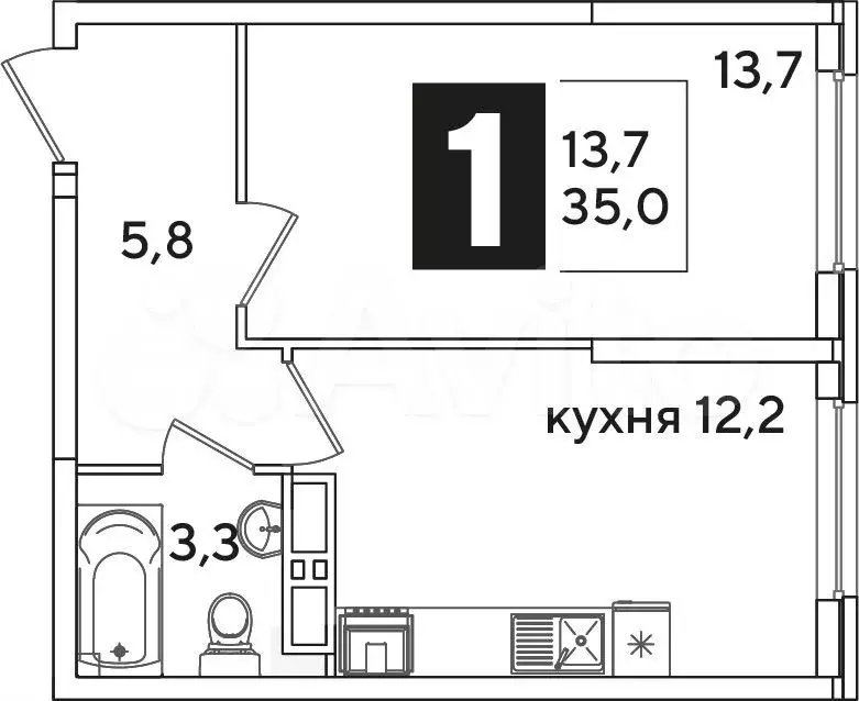 1-к. квартира, 35м, 10/16эт. - Фото 1