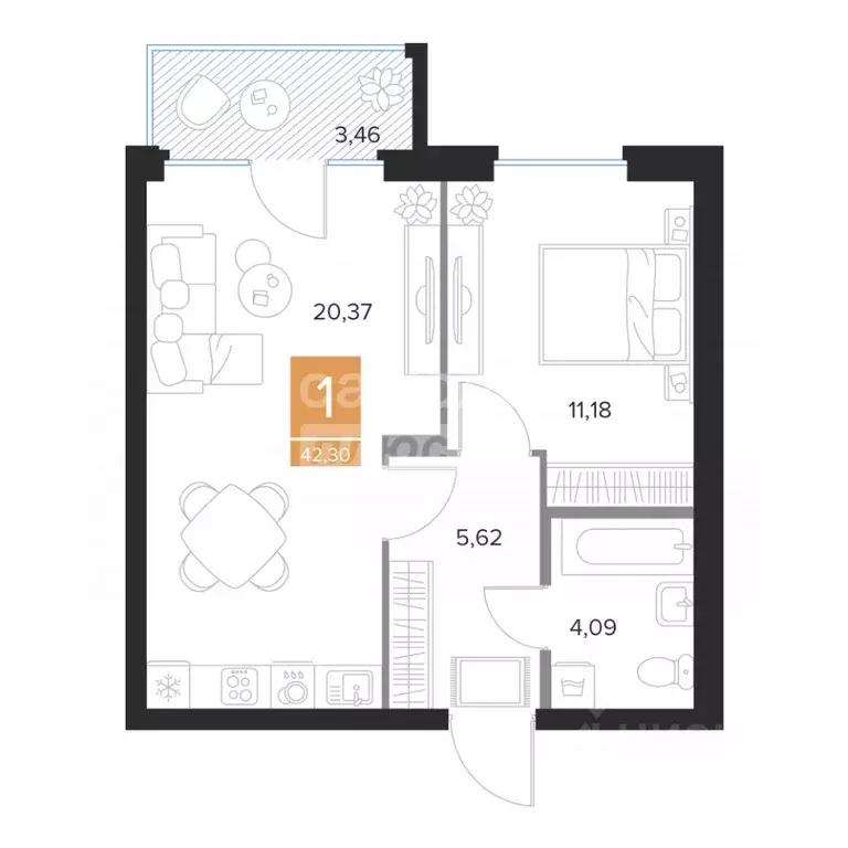 1-к кв. Курская область, Курск ул. Бойцов 9-й Дивизии, 2 (42.3 м) - Фото 2