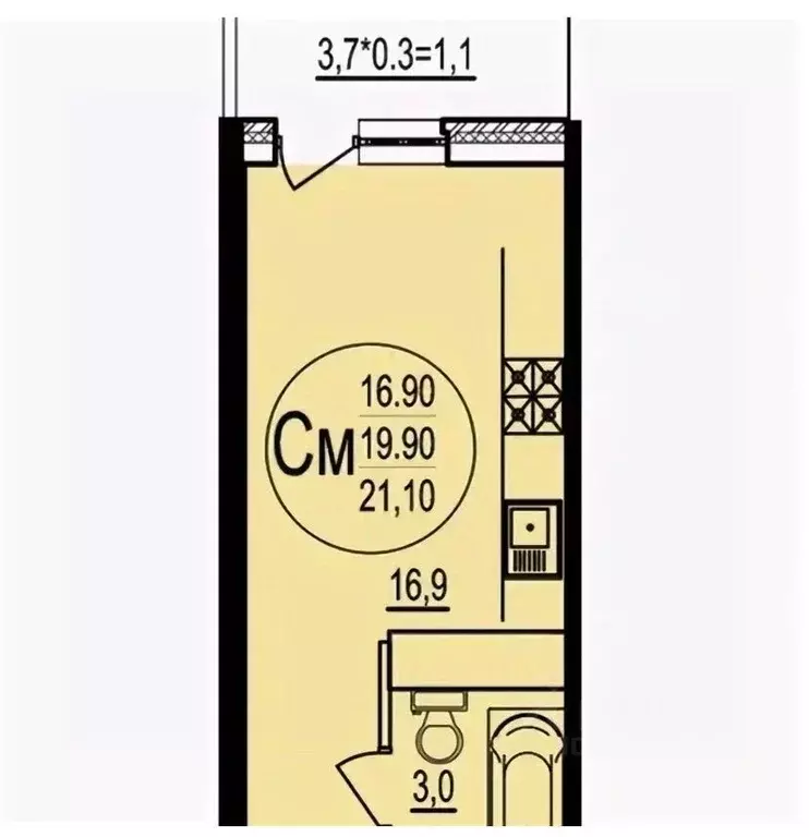 Студия Краснодарский край, Краснодар ул. Евгении Жигуленко, 7к2 (19.0 ... - Фото 2