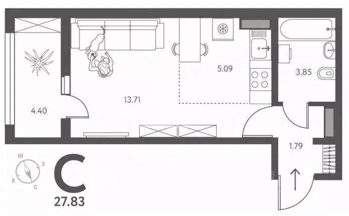 Студия Липецкая область, Липецк ул. Перова, 2Г (27.0 м) - Фото 2