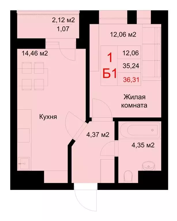 1-комнатная квартира: Казань, улица Рауиса Гареева, 78Б (36.31 м) - Фото 0