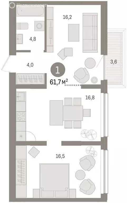1-комнатная квартира: Тюмень, Мысовская улица, 26к1 (61.65 м) - Фото 1