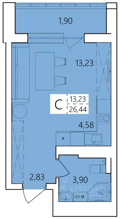 Студия Башкортостан, Уфа Затон жилрайон, Волна жилой комплекс (26.44 ... - Фото 1