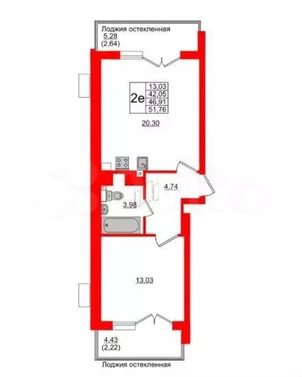 1-к. квартира, 51,8 м, 1/6 эт. - Фото 1