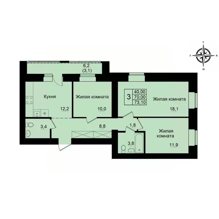 3-к кв. Кировская область, Киров Хлыновская ул., 21 (73.1 м) - Фото 1