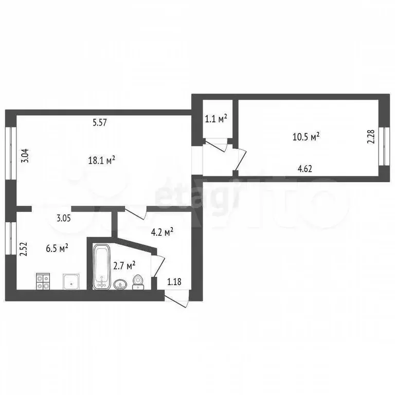 2-к. квартира, 43,1 м, 1/5 эт. - Фото 0