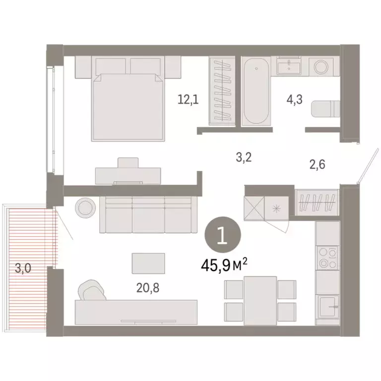 1-комнатная квартира: Тюмень, Ленинский округ (45.89 м) - Фото 1