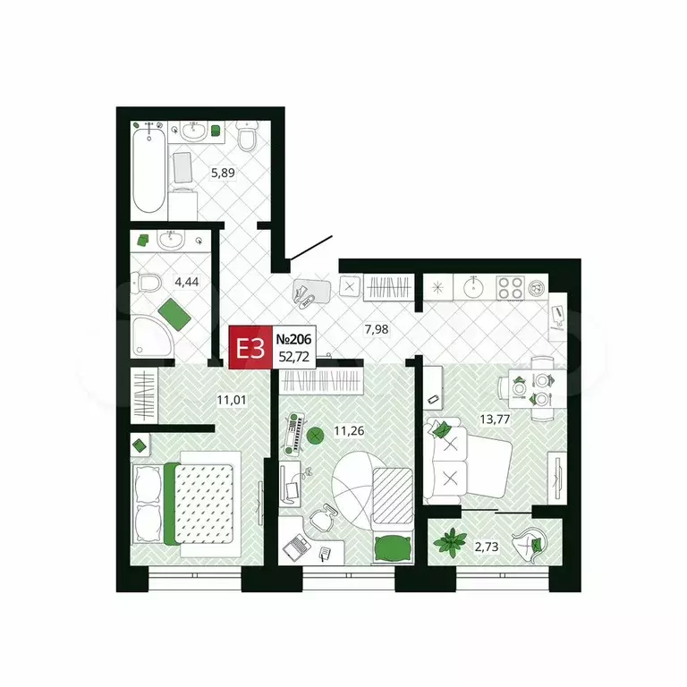 2-к. квартира, 55,7 м, 2/19 эт. - Фото 0