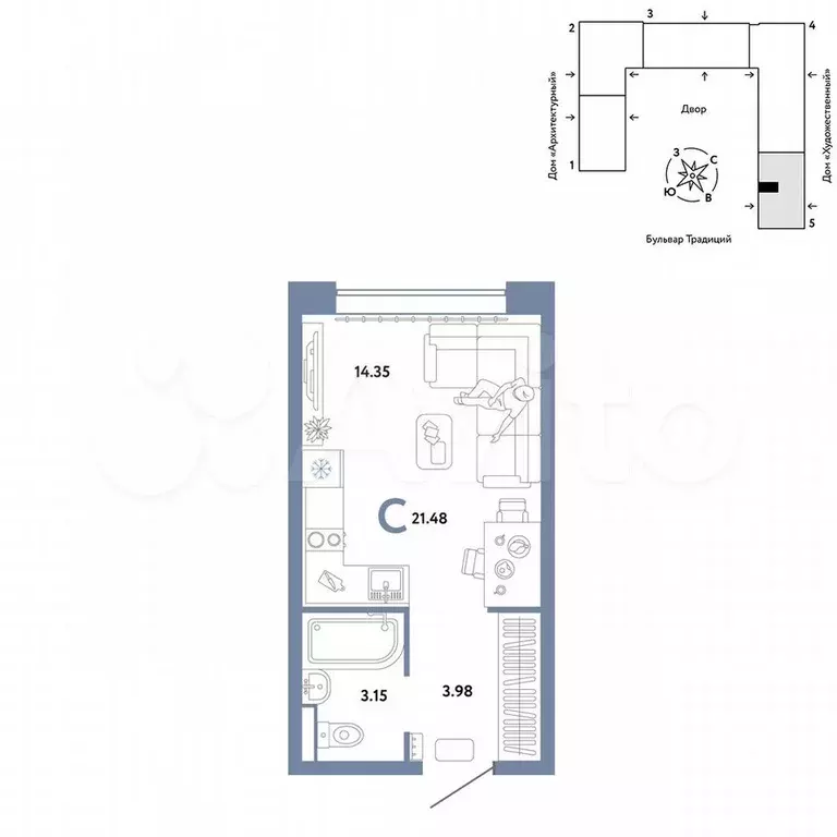 Квартира-студия, 21,5 м, 2/15 эт. - Фото 0