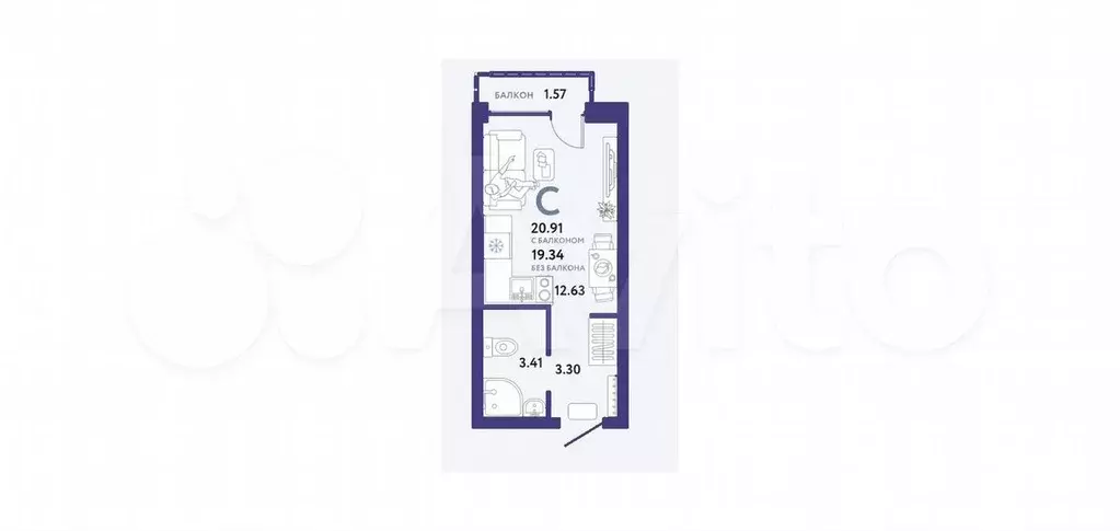 Квартира-студия, 20,9 м, 2/12 эт. - Фото 1