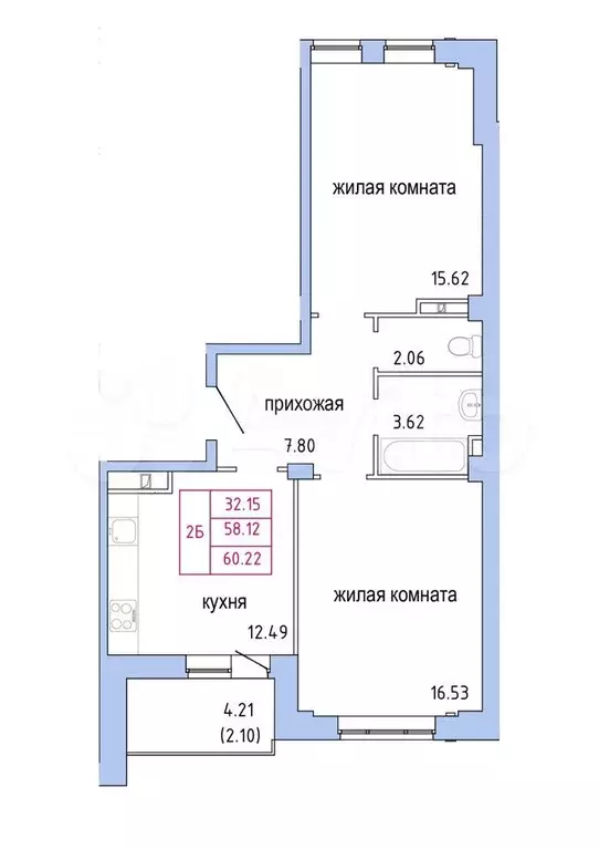 2-к. квартира, 60.2 м, 4/9 эт. - Фото 1