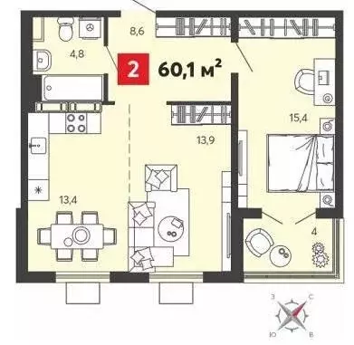 Квартира, 2 комнаты, 60.1 м - Фото 0