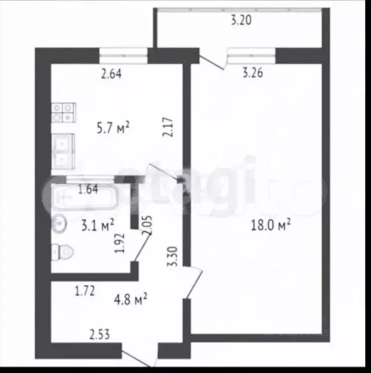 1-к. квартира, 31,6 м, 1/5 эт. - Фото 0