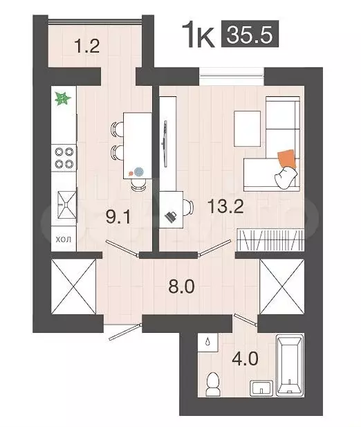 1-к. квартира, 35,5 м, 3/4 эт. - Фото 1