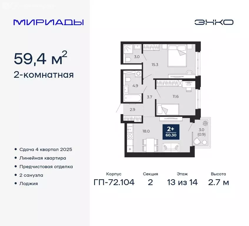 2-комнатная квартира: Тюмень, ЖК Мириады (59.4 м) - Фото 0