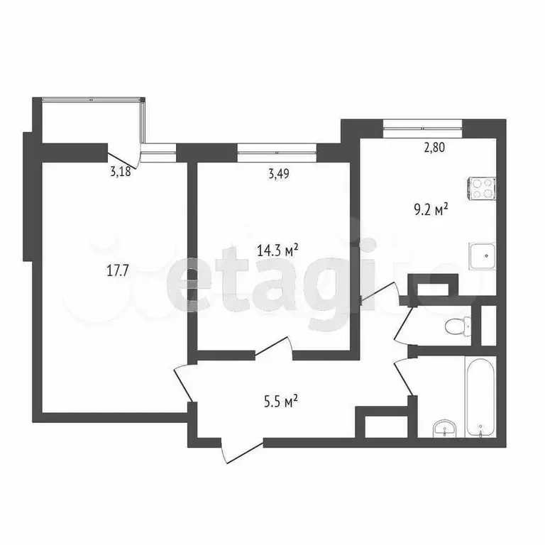 2-к. квартира, 53,4 м, 12/17 эт. - Фото 1