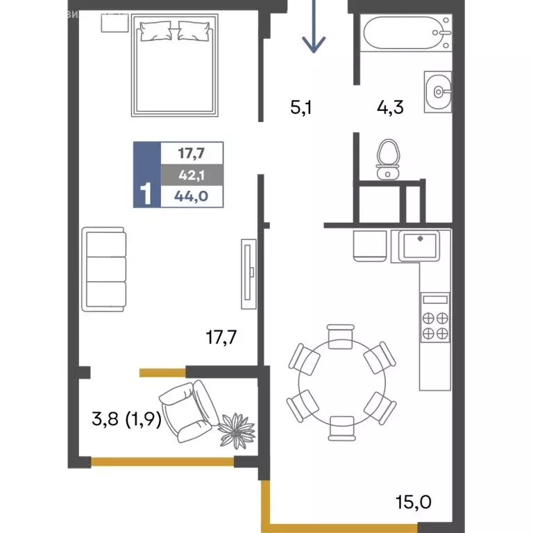 1-комнатная квартира: Перевальное, ЖК Предгорье (44 м) - Фото 1