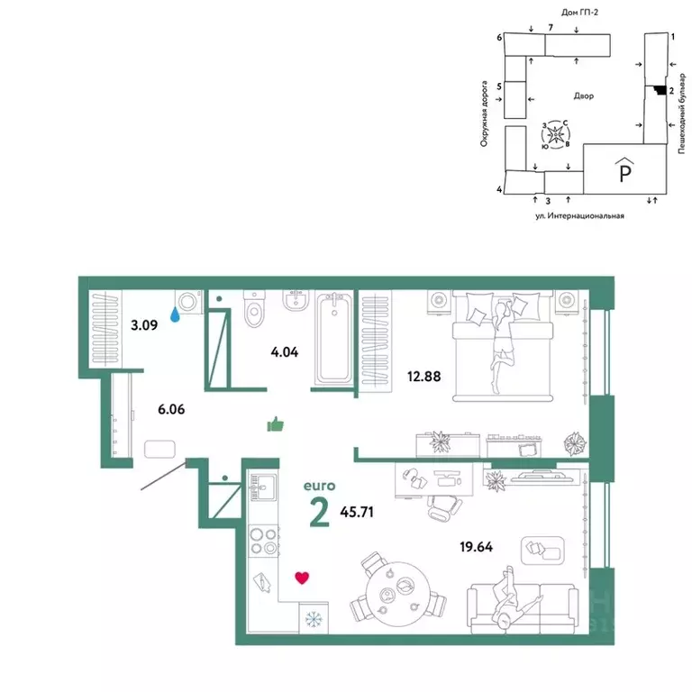 2-к кв. Тюменская область, Тюмень Интернациональная ул., 199к9 (45.71 ... - Фото 1