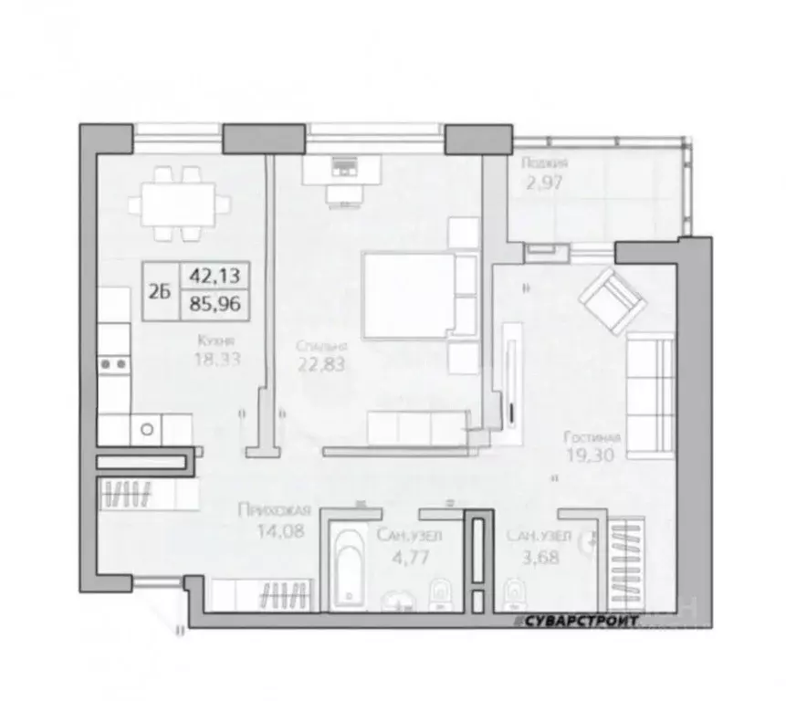 3-к кв. Татарстан, Казань ул. Сибгата Хакима, 51 (85.96 м) - Фото 2